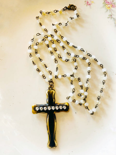 Brass Patina Rhinestone Cross Necklace