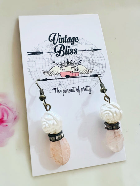 White Rose Rondelle Earrings