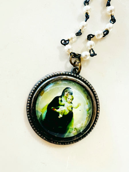 Religious Medallion Pearl Chain Necklace