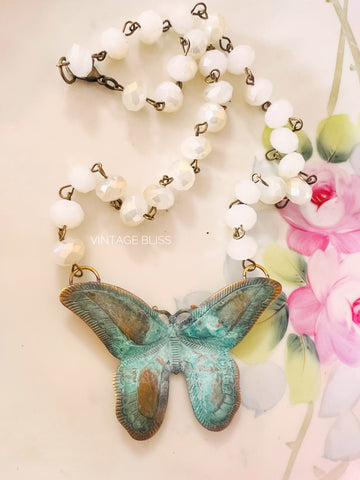 Brass Turquoise Patina Boho Butterfly Filigree Necklace