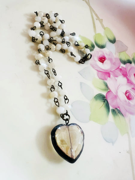 Soldered Topaz Clear Crystal  Mini Heart Necklace