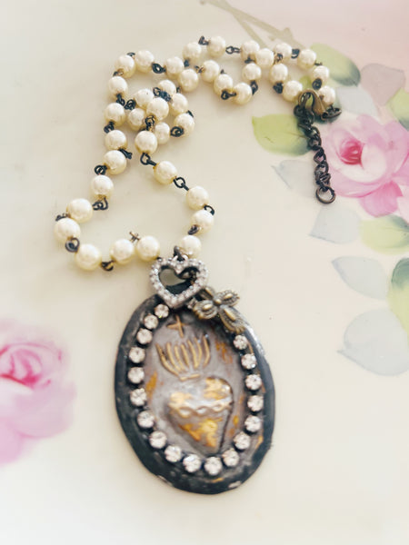 Sacred Heart Medallion Beaded Chain Necklace