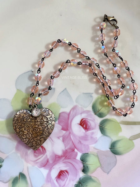 Floral Brass Patina Heart Necklace