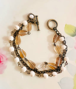 Neutral Brown Tones Triple Strand Beaded Bracelet