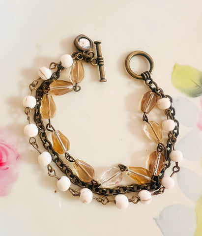 Neutral Brown Tones Triple Strand Beaded Bracelet