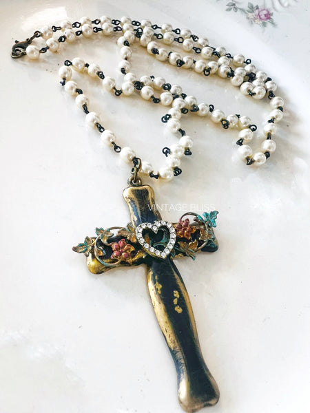 floral filigree rhinestone heart pearl cross necklace 