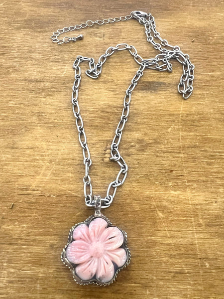 Pink Tibetan Silver Flower Necklace