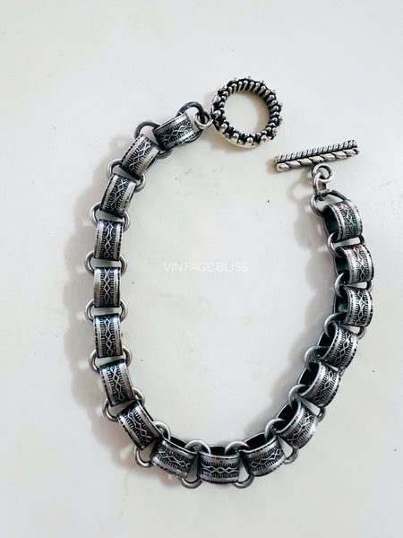 Stamped Metal Chain Silver Bracelet
