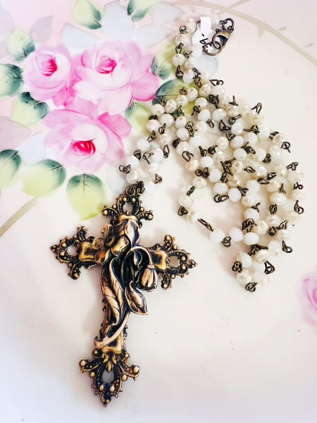 Brass Patina Floral Filigree Cross Necklace