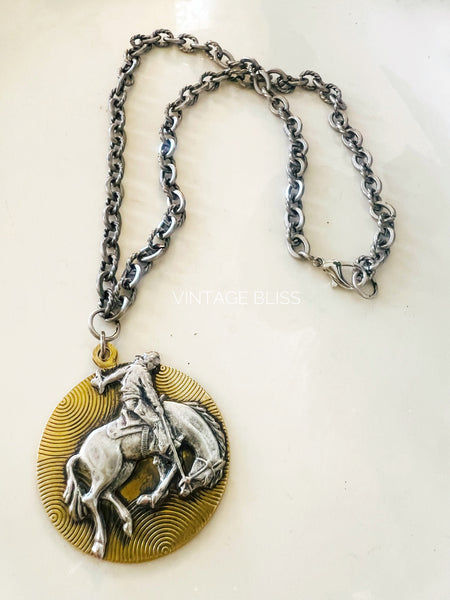 bronc rider brass silver metal chain necklace