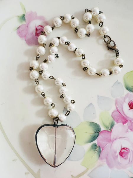 Soldered Crystal Heart Necklace Pearl Chain