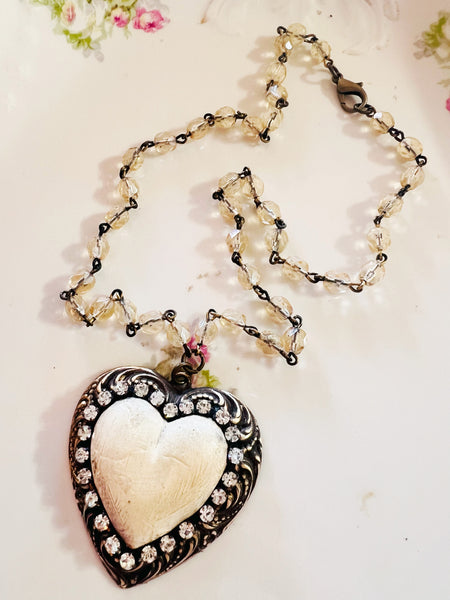 Brass Patina Filigree Whitewash Clay Heart Necklace