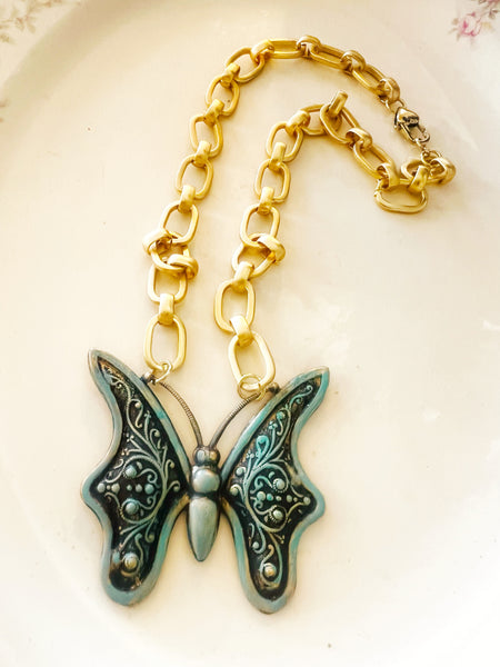 Boho Brass Patina Butterfly Necklace Matte Gold
