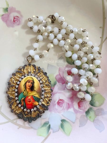 Mary Sacred Heart Filigree Bead Chain Necklace