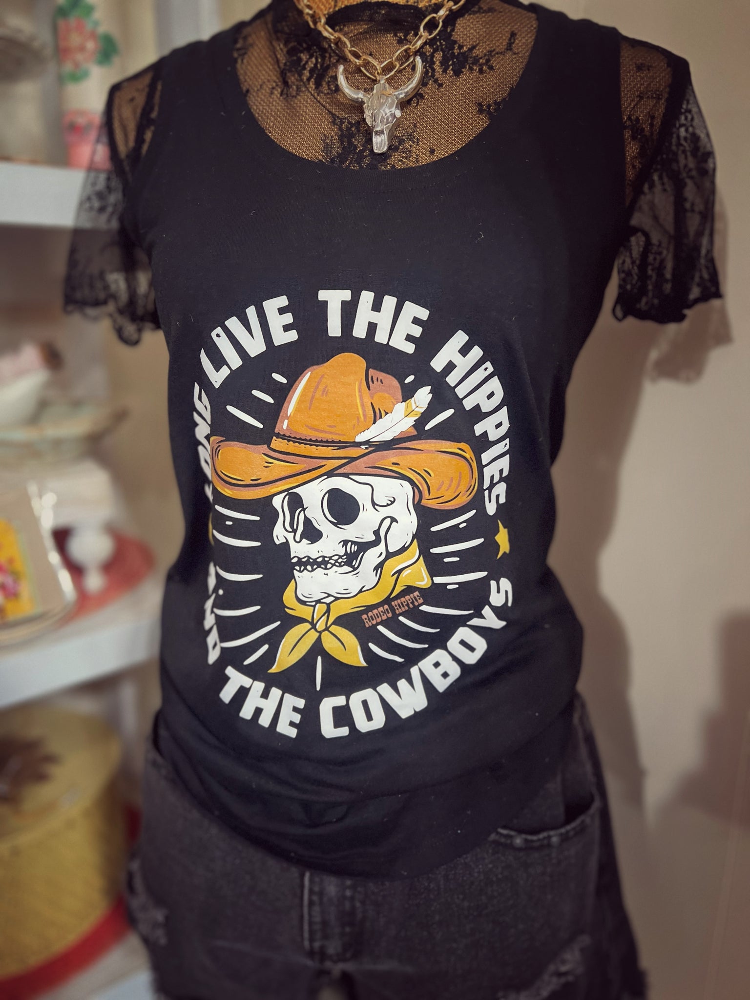 Black Long Live the Hippies & Cowboys Tank Top