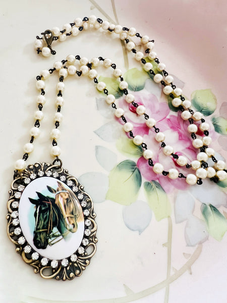 Western Horse Cameo Filigree Necklace Beaded Chain