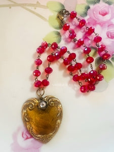 Polished Brass Patina Filigree Heart Necklace