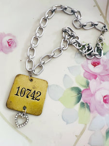 Vintage Brass Locker Tag Necklace