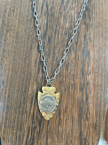 Buffalo Nickel Brass Arrowhead Necklace Metal Chain