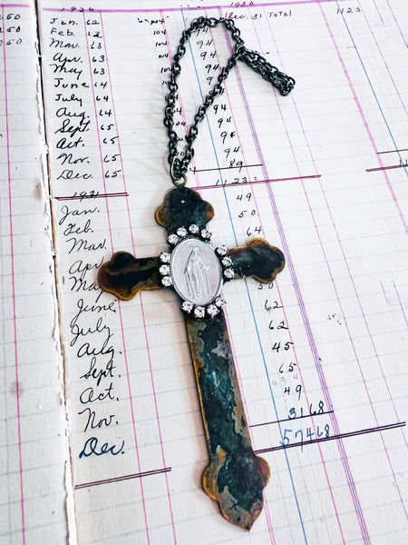Brass Patina Religious Medallion Cross Ornament