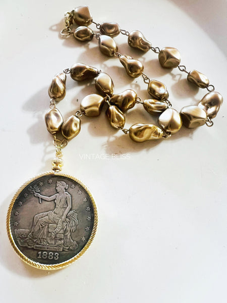 Vintage Trade Dollar Coin Bezel Matte Gold Beaded Necklace