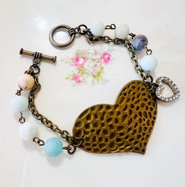 Aqua Neutral tones Heart Charm Beaded Chain Bracelet