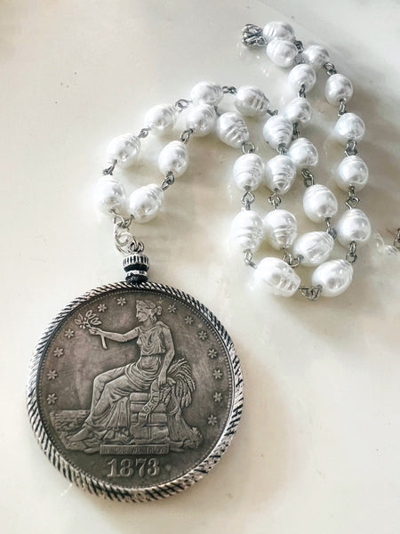 Vintage Trade Dollar Coin Bezel Chain Necklace