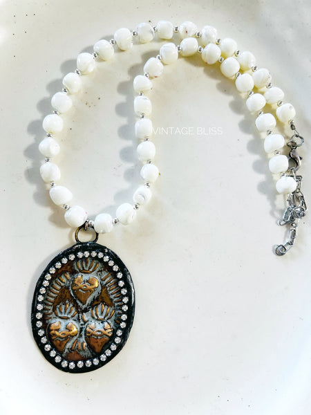 Sacred Heart Medallion Mother of Pearl Chain Necklace