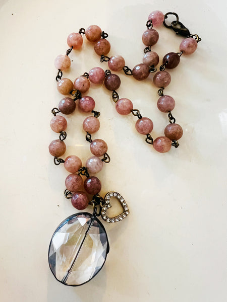 Soldered Crystal Oval Necklace Mauve Pink Beaded Chain