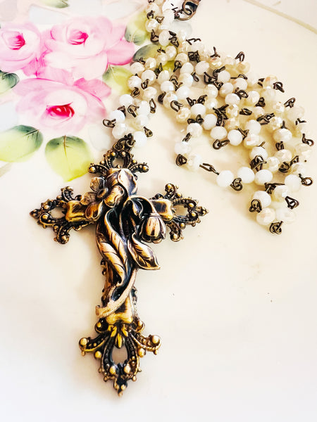 Brass Patina Floral Filigree Cross Necklace