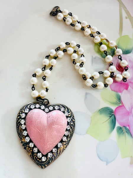 Pink Distressed Clay Heart Necklace