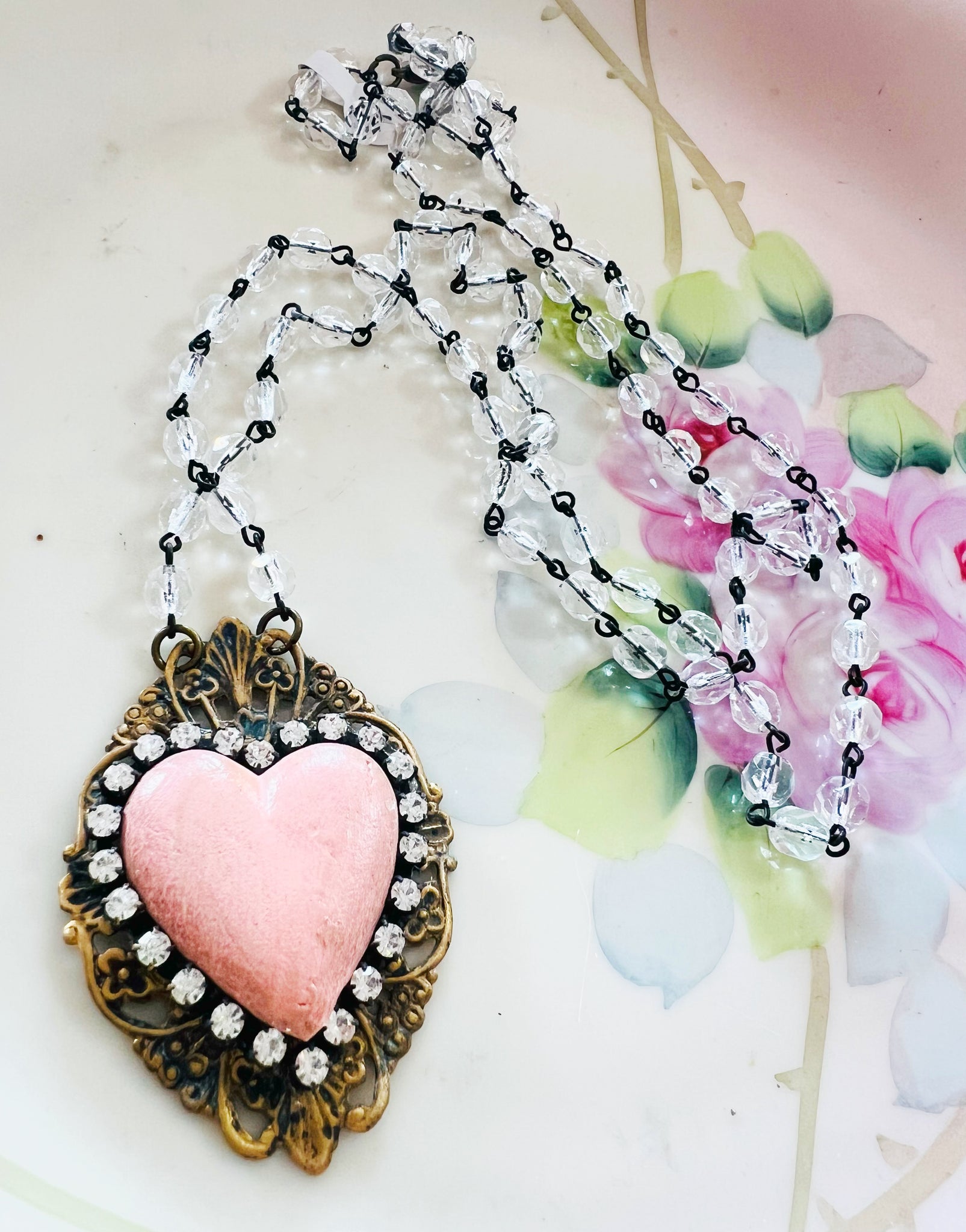 Pink Clay Heart Beaded Chain Necklace