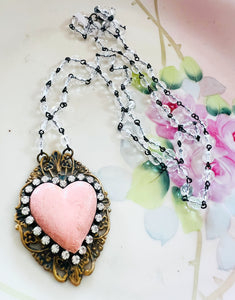 Pink Clay Heart Beaded Chain Necklace