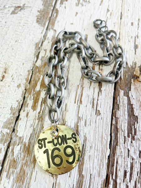 No 169 Brass Patina Vintage Locker Tag on Metal Block Chain