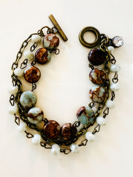 Turquoise & Brown Triple Strand Beaded Bracelet