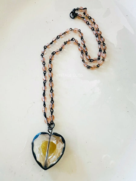 Soldered Topaz Pink Crystal Beaded Chain Mini Heart Necklace