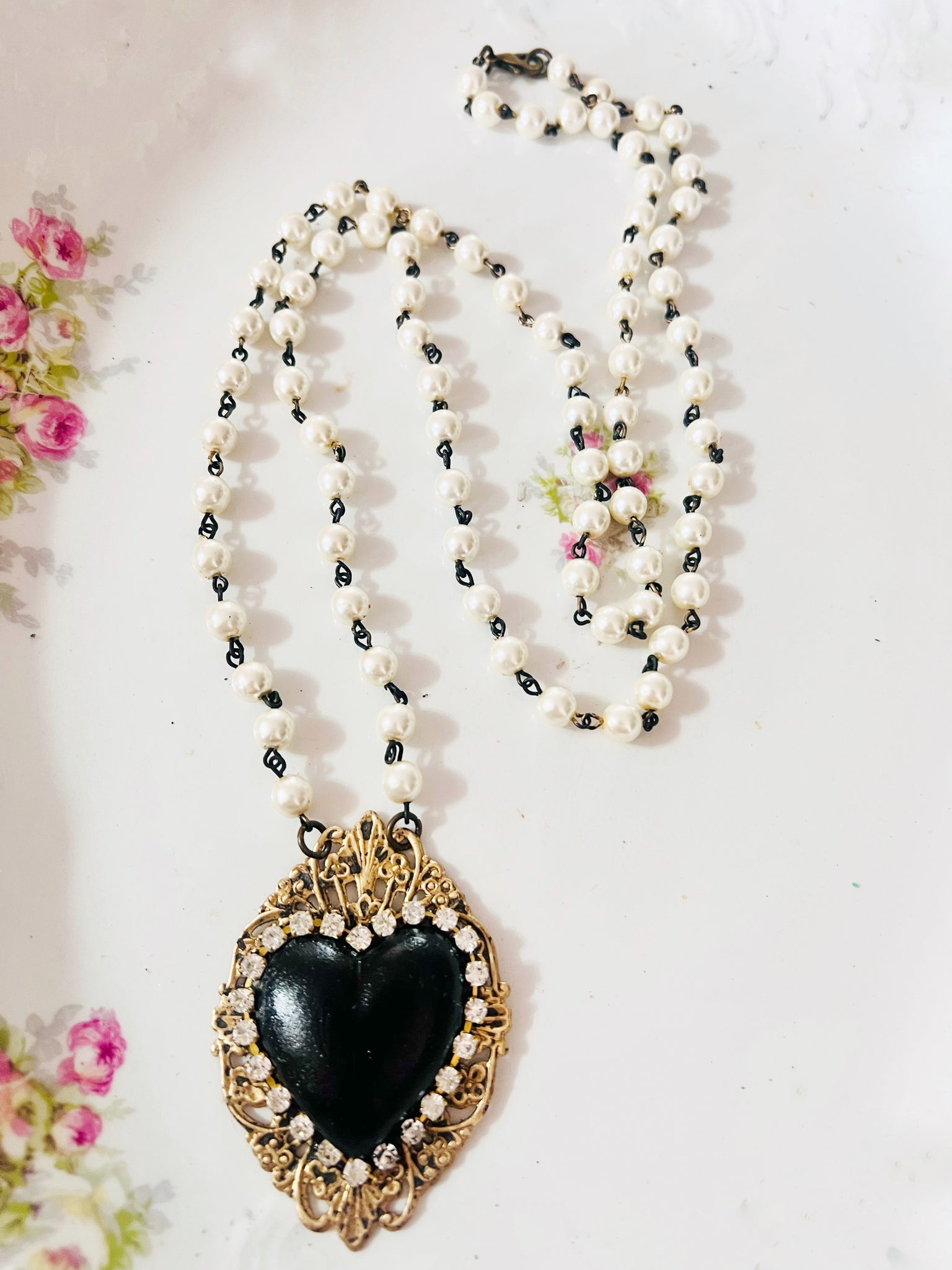 My Black Heart Filigree Necklace Beaded Chain