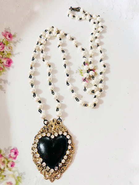 My Black Heart Filigree Necklace Beaded Chain