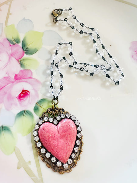 Pink Distressed Heart Filigree Necklace