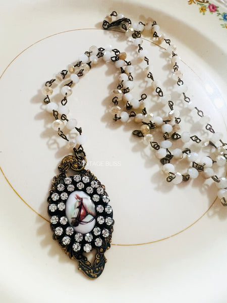 Horse Cameo Amber Beaded Chain Necklace