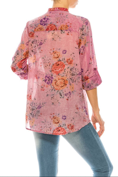 Red Floral Embroidery Vintage Pink Button Down Shirt