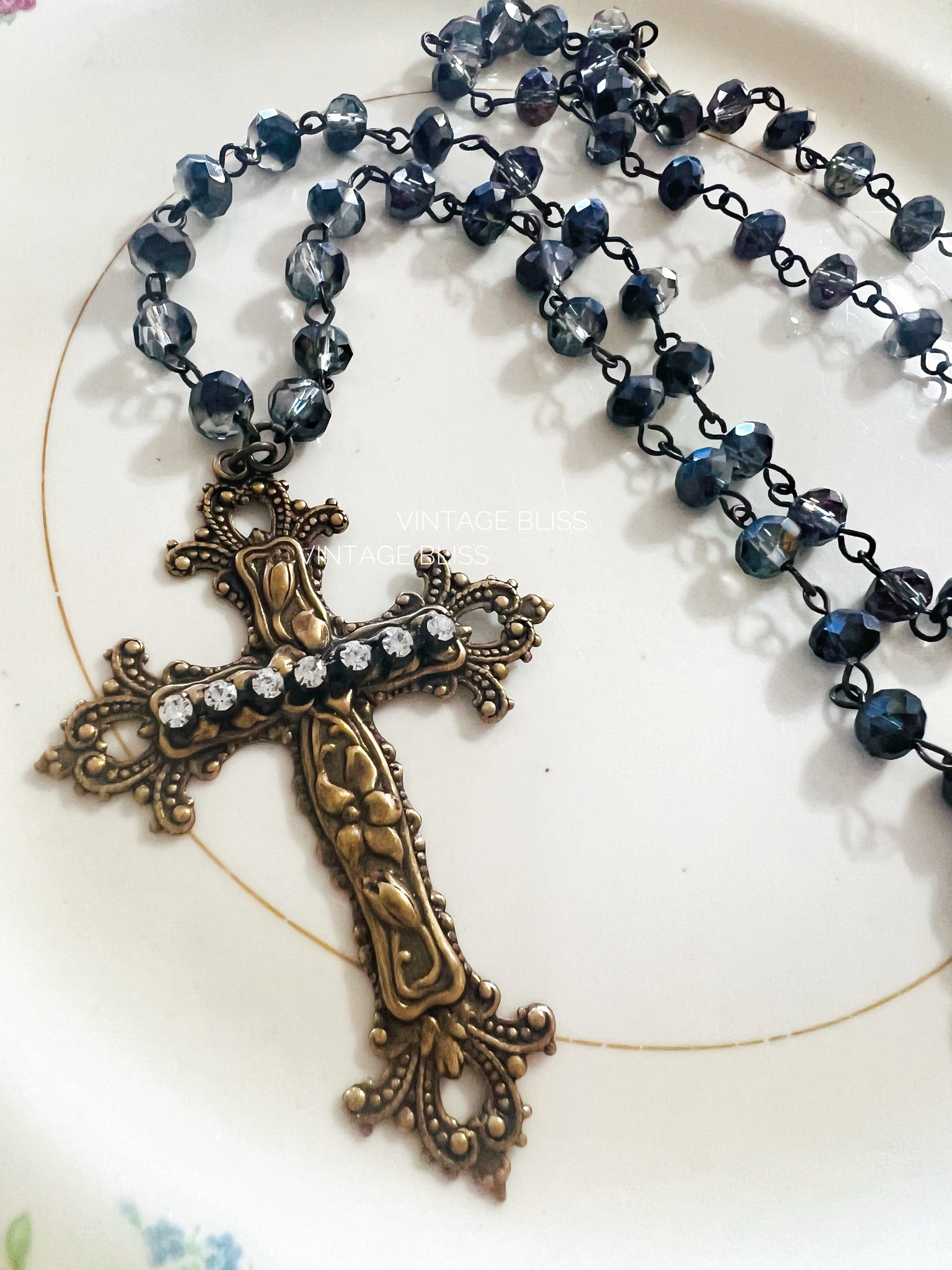 Black Iridescent Beaded Chain Brass Patina Cross Necklace