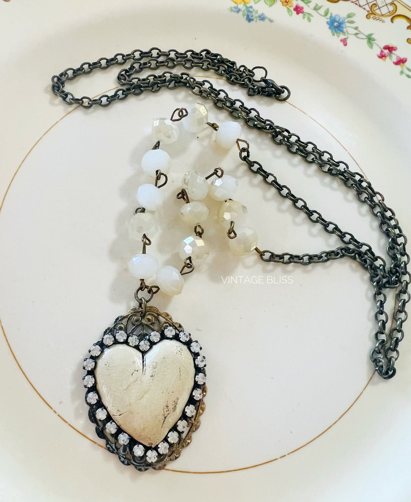 Whitewash Neutrals Beaded Clay Heart Necklace