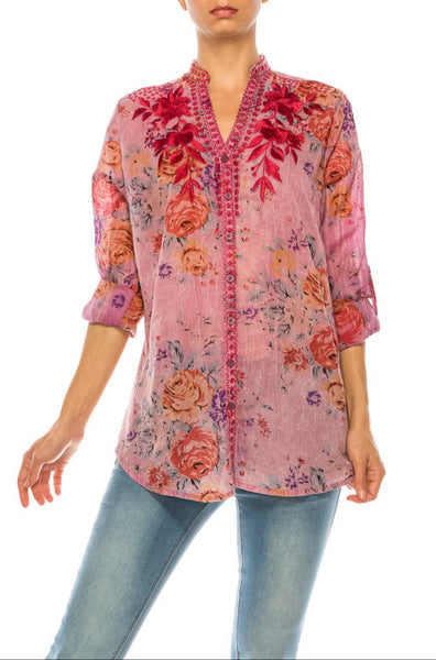 Red Floral Embroidery Vintage Pink Button Down Shirt