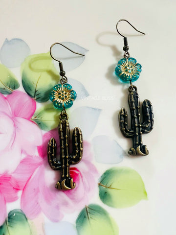 Iris Blue Cactus Flower Earrings