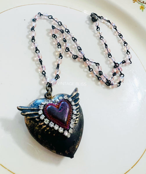 Winged Heart AB Pink Beaded Chain