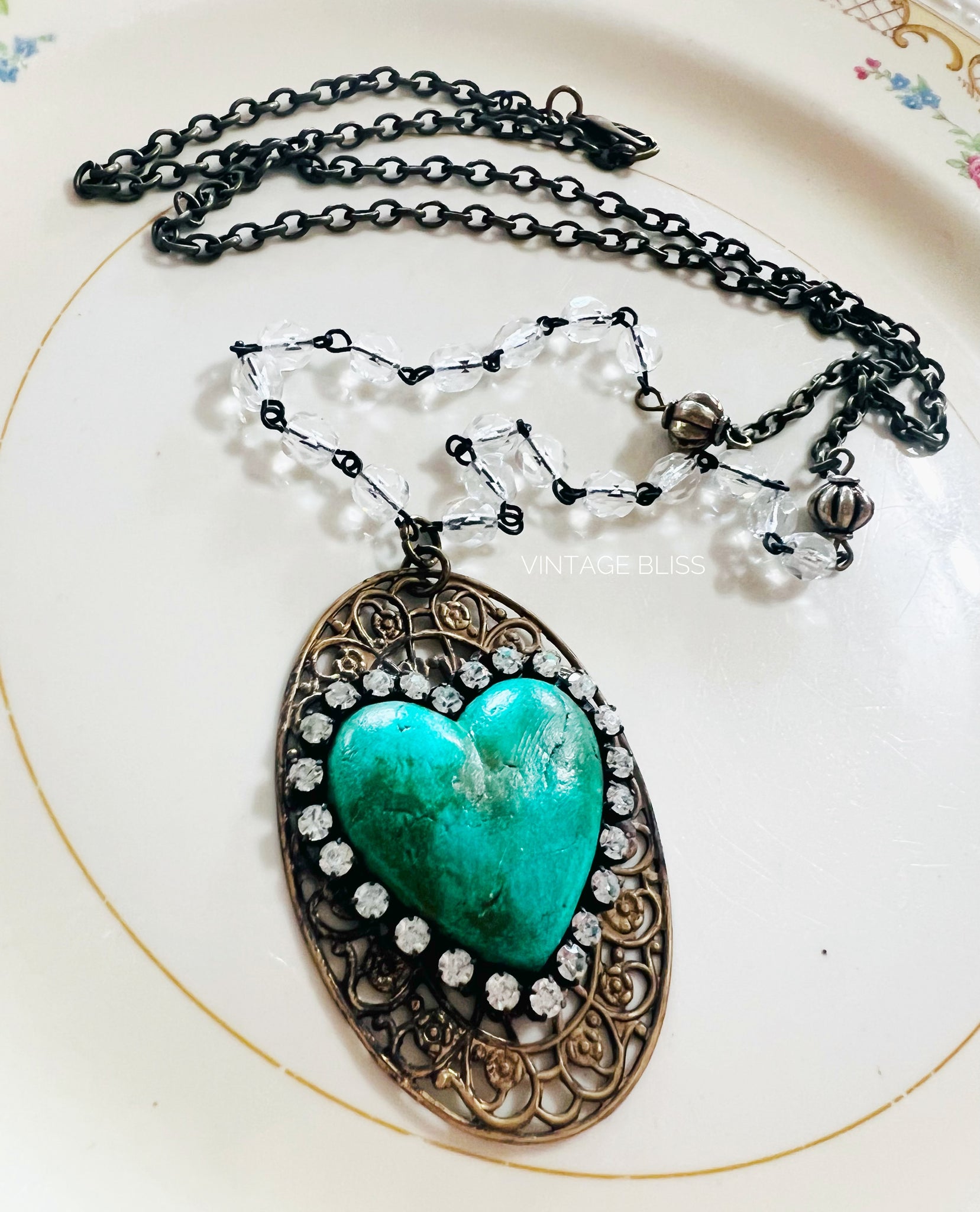 Turquoise Color Heart Filigree Necklace