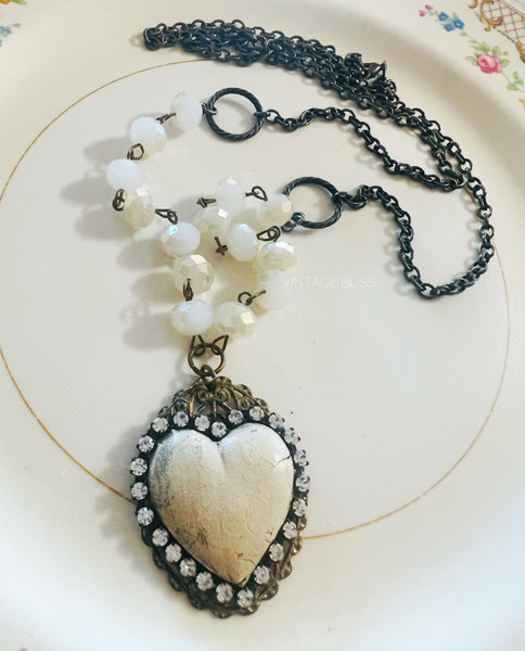 Whitewash Neutrals Beaded Clay Heart Necklace