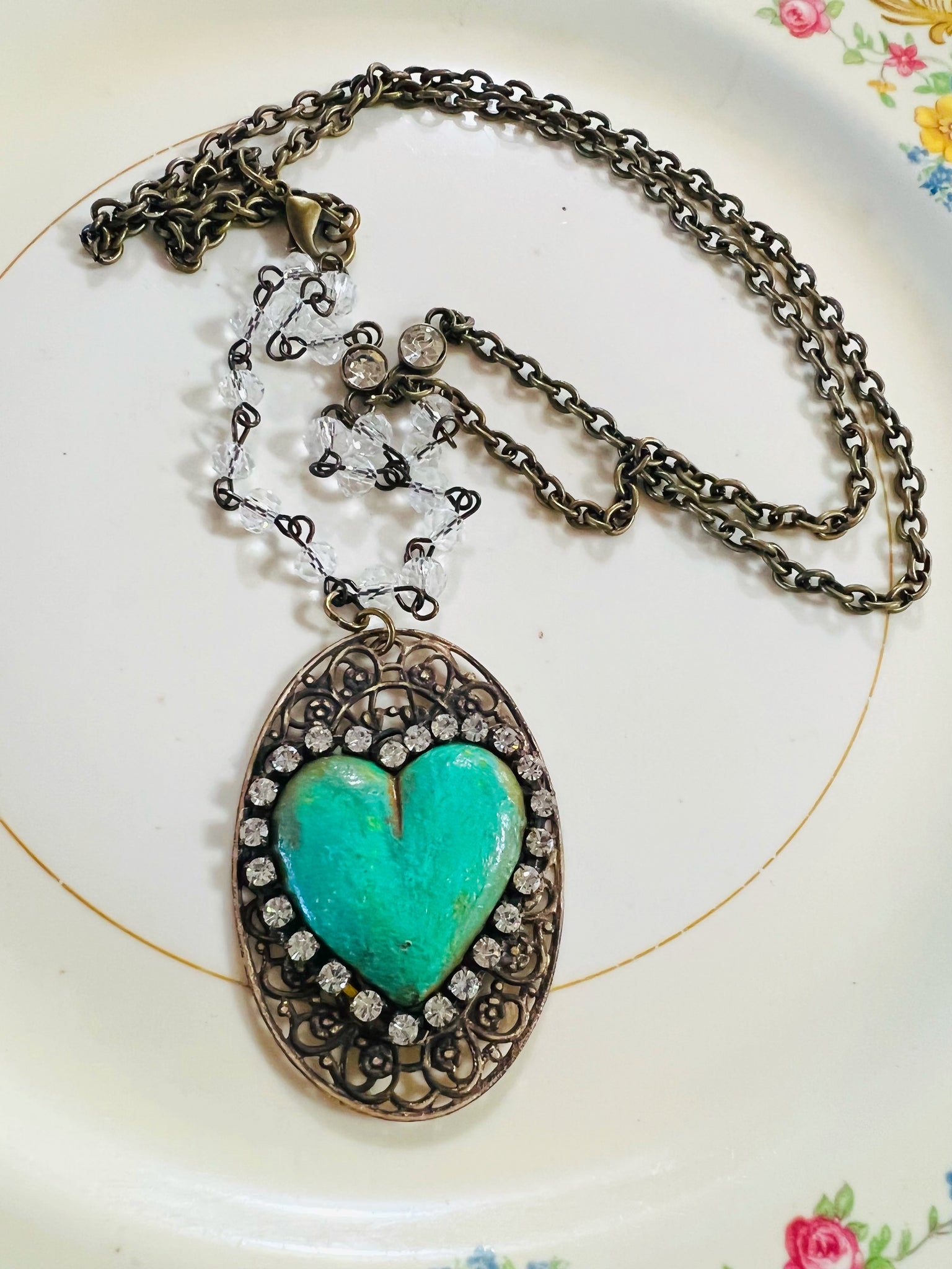 Turquoise Color Heart Filigree Necklace