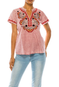 Pink Mineral Wash Embroidery Top